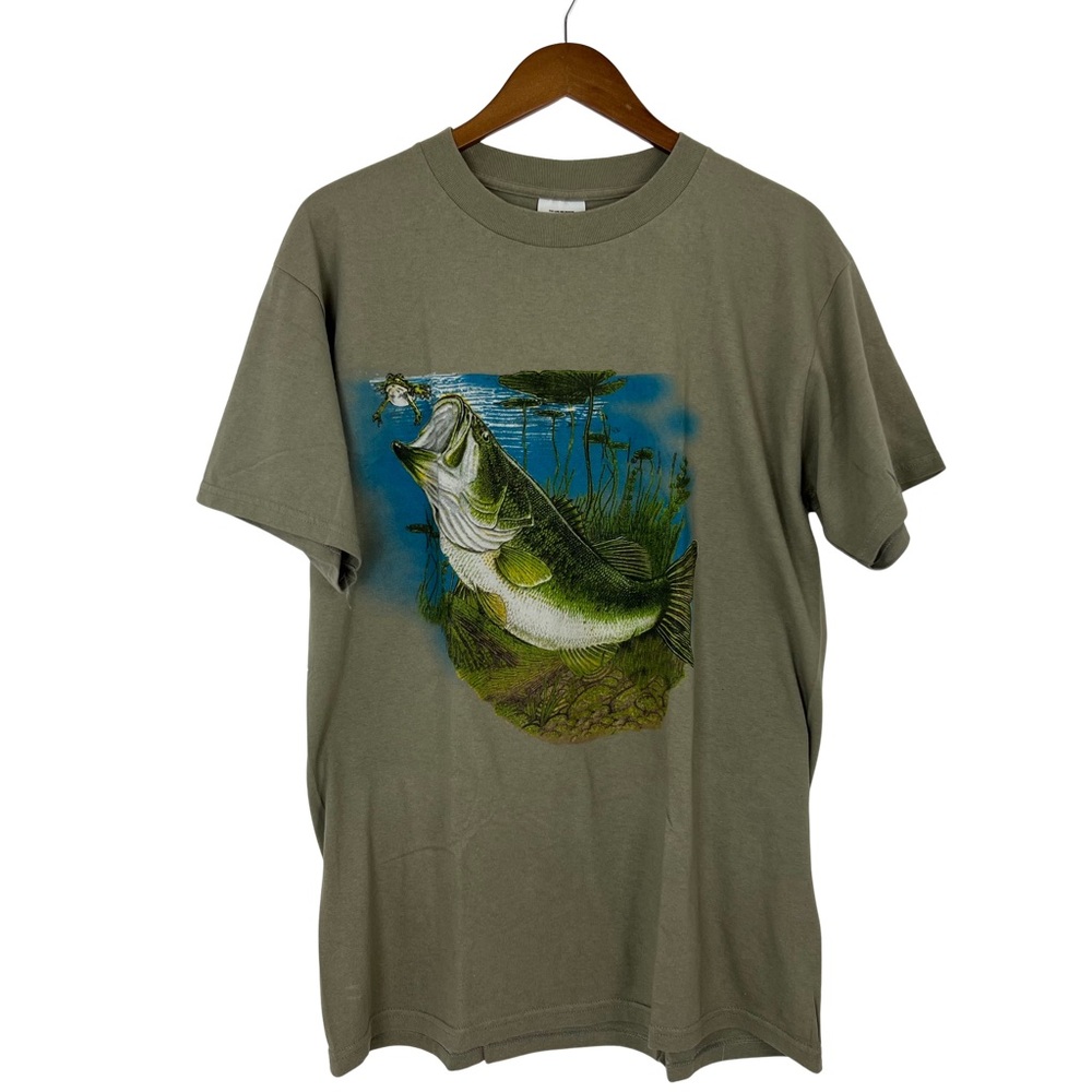 Vintage Tultex Green Bass Fish Frog Graphic Tee 100% Cotton 90s Size Large